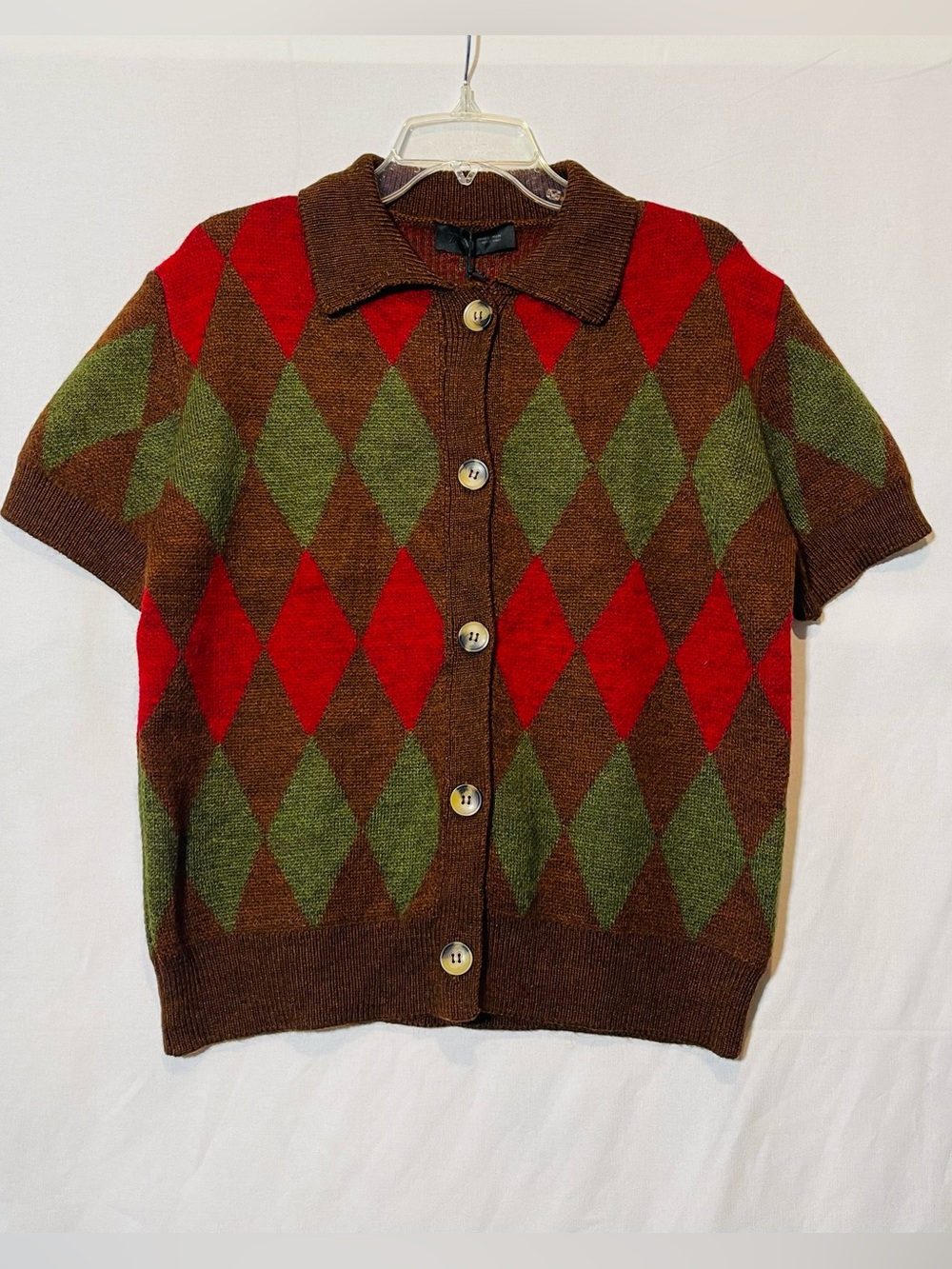 Zara Brown Short-Sleeve Argyle Cardigan with Red & Green NWT